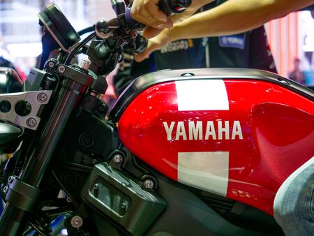 Thailand Motor show 2019 Bangkok - April 3, 2019: Close up of Yamaha logo and emblem at Motor Show...