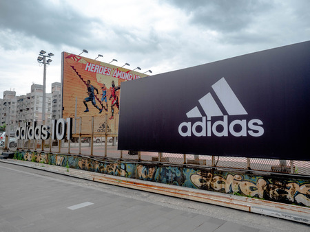 Taipei, Taiwan - May 16, 2019: Graffiti of Adidas 101 logo on a wall. Adidas is a German...