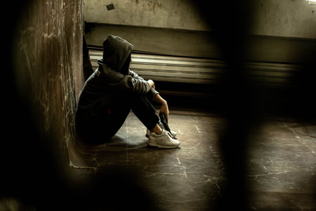 Young women are stressed carrying a gun, ready to use violence to commit crimes related to drug dealing.の写真素材