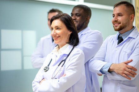 Doctor leading a medical team at the hospital. Professional general practitioners expressing positive emotions.の写真素材