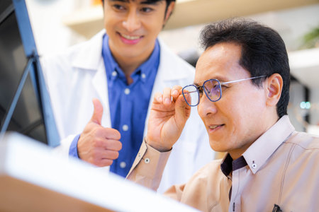 experienced male optician offering the glasses frames to elderly clientの写真素材