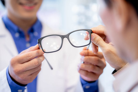 optometrist giving new glasses. Help in choosing eyeglasses.の写真素材