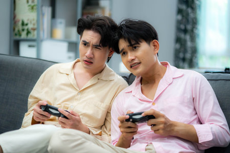 Male friends playing on a games consoleの写真素材