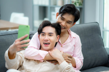Young gay couple making selfie and feeling happy. Concept of LGBT and Love.の写真素材