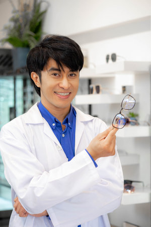 Professional male optician standing and offering glasses in optical store.