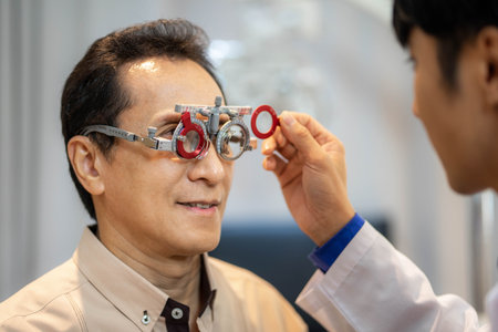 Portrait of young ophthalmologist putting trial frame on male patient during vision check in modern clinicの写真素材