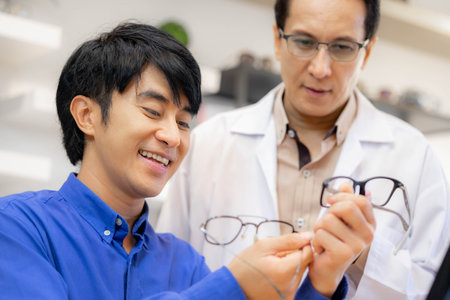 Man choosing new frames in optician shop with experienced technicians gradually recommendの写真素材
