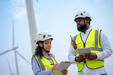 Engineer male and female on wind turbine farm. Two engineers discussed the plan for the maintenance of wind turbines.の写真素材