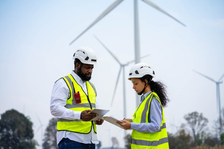 Engineer male and female on wind turbine farm. Two engineers discussed the plan for the maintenance of wind turbines.の写真素材
