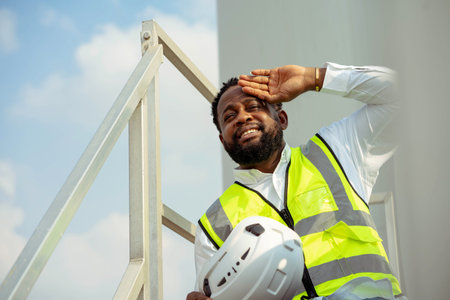 Tired stress worker sweat from hot weather in summer working, Black African race people.の写真素材