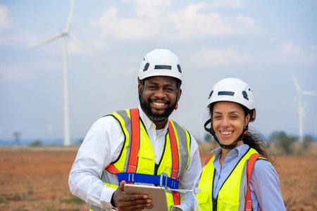 Engineer male and female on wind turbine farm. Power engineer are working with wind turbines.の写真素材