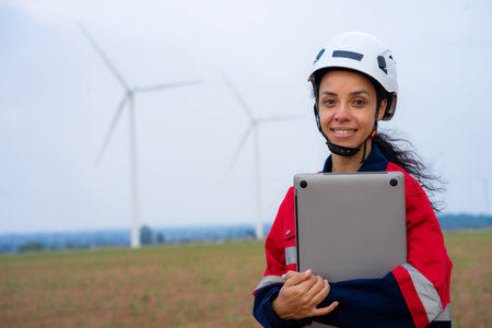 Windmill engineer inspection and progress check wind turbineの写真素材