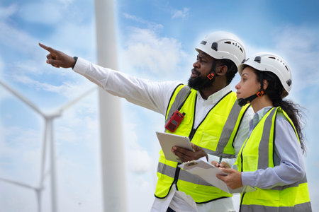 Engineer male and female on wind turbine farm. Two engineers discussed the plan for the maintenance of wind turbines.の写真素材