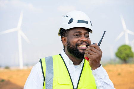 Smiling African man Engineer in white safety hat with walkie talkie and wind turbines on backgroundの写真素材
