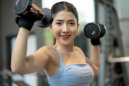 young attractive woman lifting weight in gym, indoors with equipment in the backgroundの写真素材