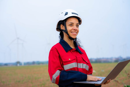windmill engineer woman use laptop computer inspection and progress check wind turbine farm.の写真素材
