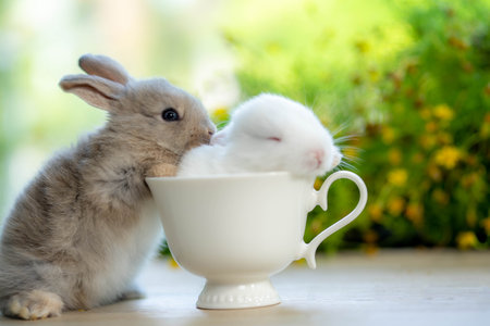 Two cute little white rabbit sleeping in a lovely cup with natural bokeh in the background. easter concept.の写真素材