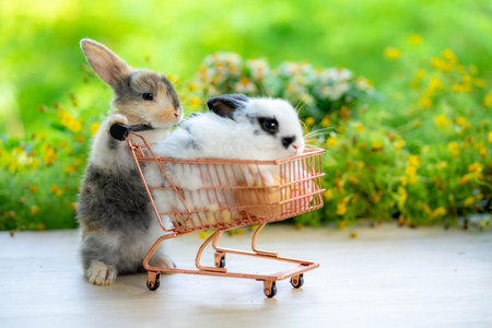Two Cute little rabbit with shopping cart on green grass with natural bokeh as background, Young adorable bunny playing in garden.の写真素材