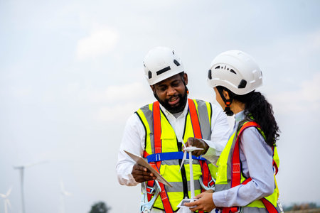 Engineer male and female on wind turbine farm. Two engineers discussed the plan for the maintenance of wind turbines.の写真素材