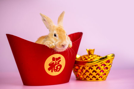 Cute brown rabbit with traditional Chinese money celebrating Chinese New Year. In Mandarin, "Fu" means good fortune.の写真素材