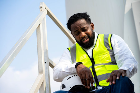 Tired stress worker sweat from hot weather in summer working, Black African race people.の写真素材