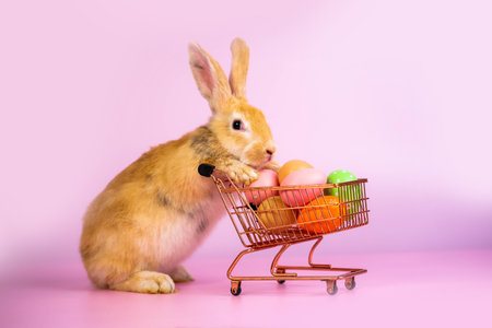 Cute eared rabbit  with cart full of Easter eggs on isolated pink backgroundの写真素材