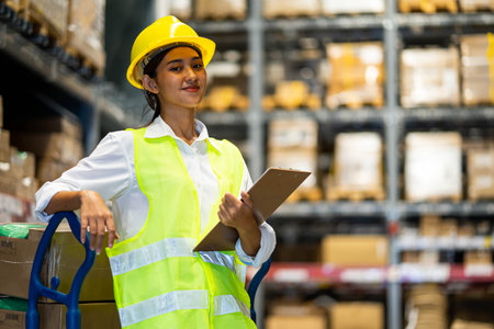 Young smiling woman worker and vest checking box in stock in factory warehouse, Staff check stock girl prepares shipping goods and packaging products to customer.の写真素材