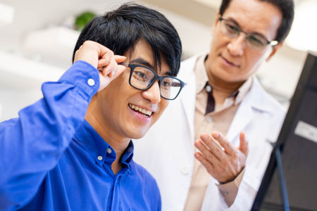 Senior experienced male optician offering the glasses frames to young man client, optometrist giving new glasses.の写真素材