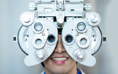 Close-up Of a man Doing Eye Test On Phoropter, Male checking on her eye with optometry machine. copy space background for textの写真素材