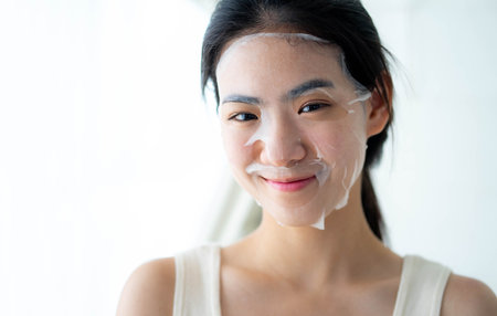 Happy young woman with a cloth moisturizing mask on her face isolated on white background, skin care conceptの写真素材