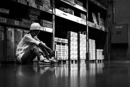 Sad young woman worker sit Alone in factory warehouse and look tire and lost job, Depression and anxiety disorder concept.の写真素材