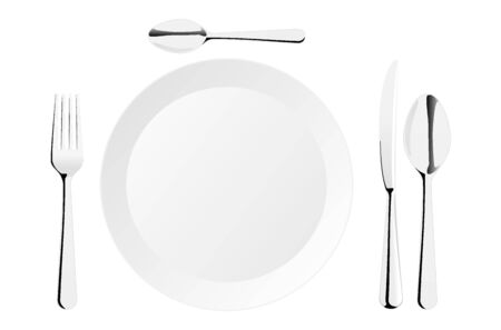 Top views place setting with empty dish fork spoon and knife isolated on white background.のイラスト素材
