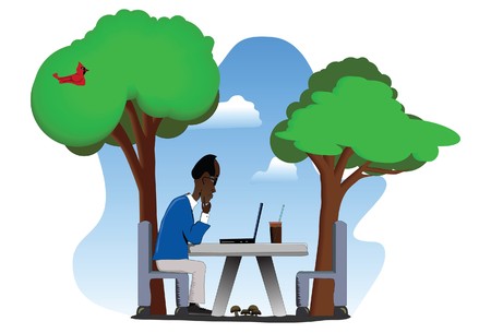 Middle-aged man using a laptop on a table outdoors. のイラスト素材