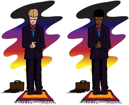 A Muslim businessman in the standing position during the Muslim daily prayers after sunset or just before sunrise during the Islamic month of Ramadan. Contains 2 variations for darker or lighter-skinned men. のイラスト素材