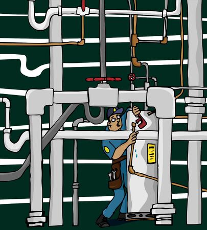 An overwhelmed plumber works in a maze of shoddy pipework.のイラスト素材