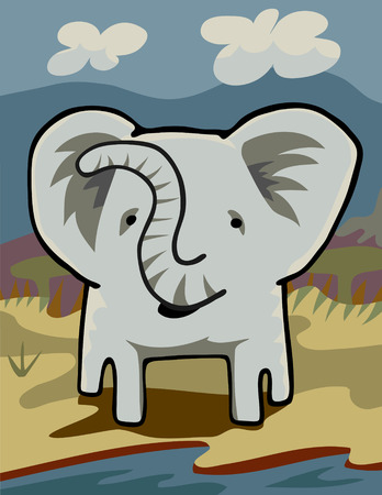 Front view of an elephant grazing near a river through an African grassland.のイラスト素材