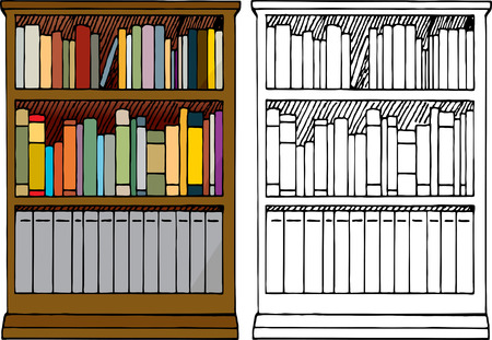 Various kinds of blank books placed in a 3-tier wooden bookshelf with color and black-only versions.のイラスト素材