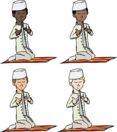 A cartoon of a young Muslim boy with fez making a supplication while sitting on a praying rug. Includes 4 versions in different skin and hair color. のイラスト素材