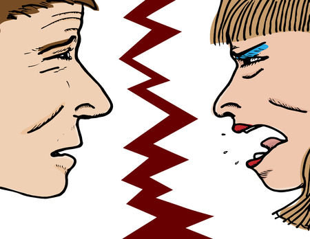 Closeup of an apologetic man and a very angry woman.のイラスト素材