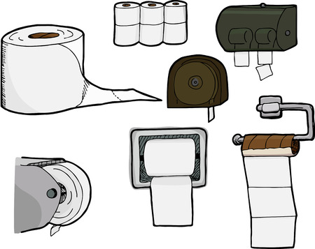Set of 7 isolated, hand-drawn rolls of bathroom tissue and toilet paper dispensers. のイラスト素材