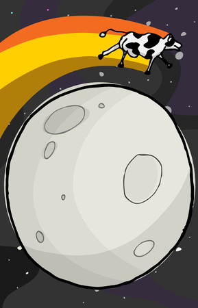Happy cow leaps over the moon with the Milky Way Galaxy in the background.のイラスト素材
