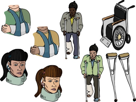 Nine various injury-related illustrations with diverse ethnic representationのイラスト素材