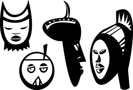 Four African masks and statues inspired from Bwa, Bolo and Bateba cultures of Sudanのイラスト素材