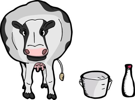 Cute fat dairy cow with pail and bottle of milkのイラスト素材
