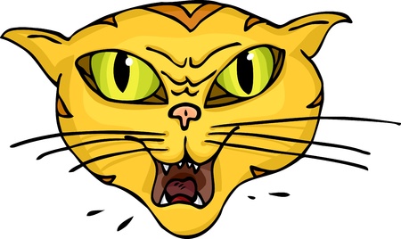 Angry green-eyed striped cat hisses and spitsのイラスト素材