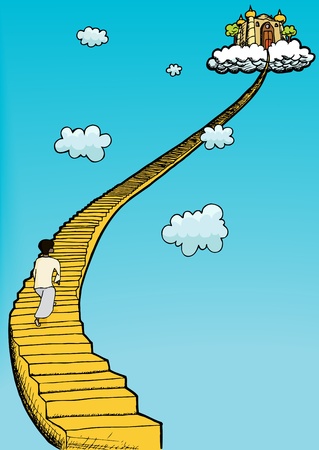 Person in gown climbs golden staircase to heavenのイラスト素材