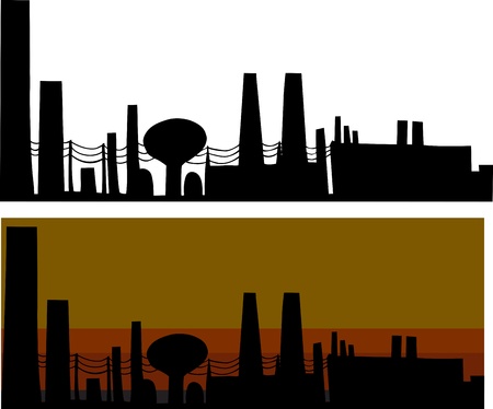 Silhouette industrial scene with factories in isolated and smoggy backgroundのイラスト素材