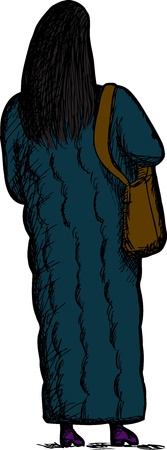 Rear-view of woman in long winter coat with purseのイラスト素材