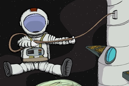 Astronaut attached to space station above a planet