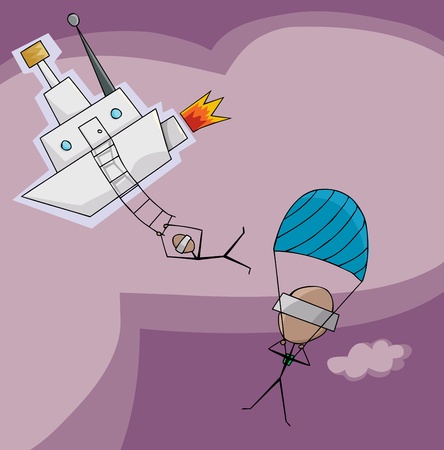 Stick figures jump out of a fantasy airshipのイラスト素材